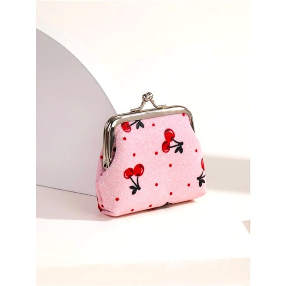 SPARKLY CARTOON CHERRY GRAPHIC KISS LOCK COIN PURSE PINK - Picture 2 of 5